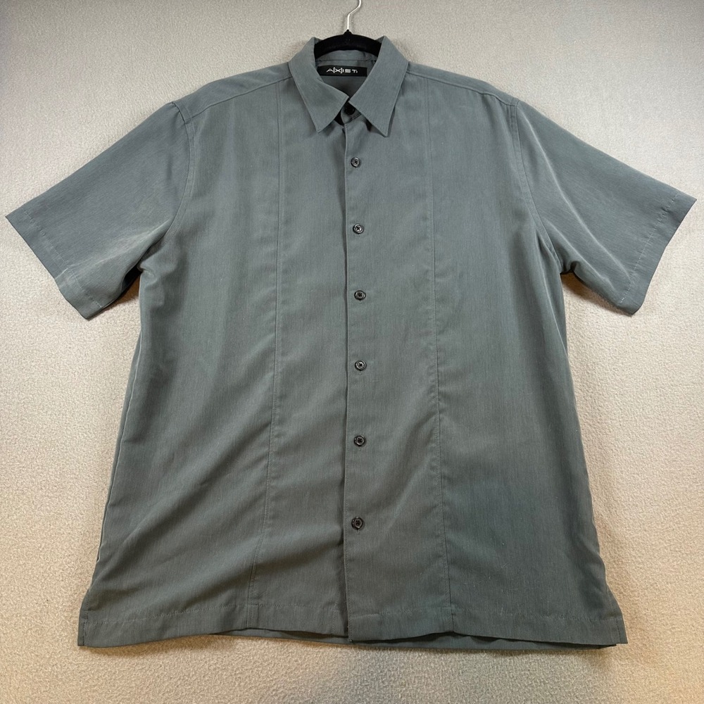 Axist Mens Short Sleeve Button Down Shirt Gray Pleated Front Size Medium - Picture 2 of 7